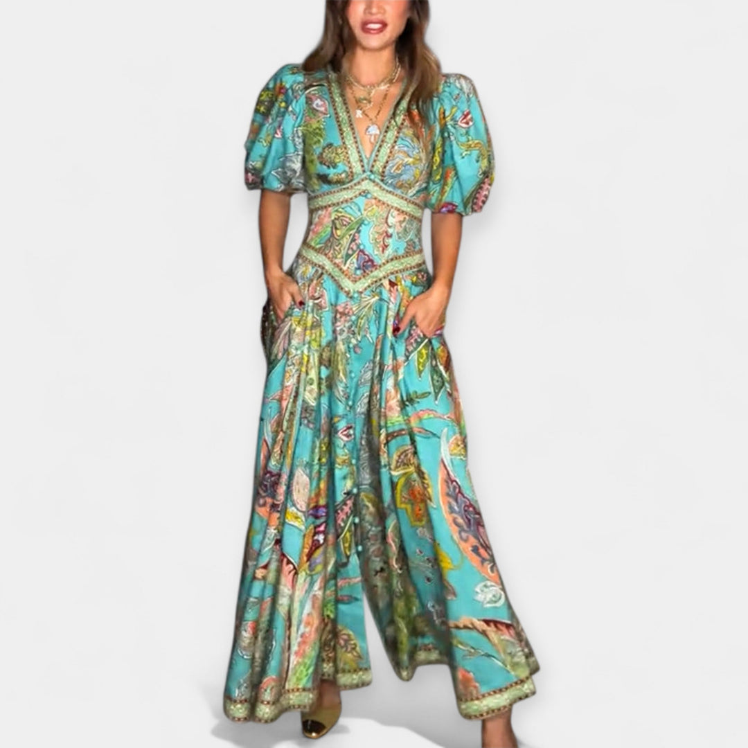 Vestido Maxi Arejado com Mangas Bufantes Ricas