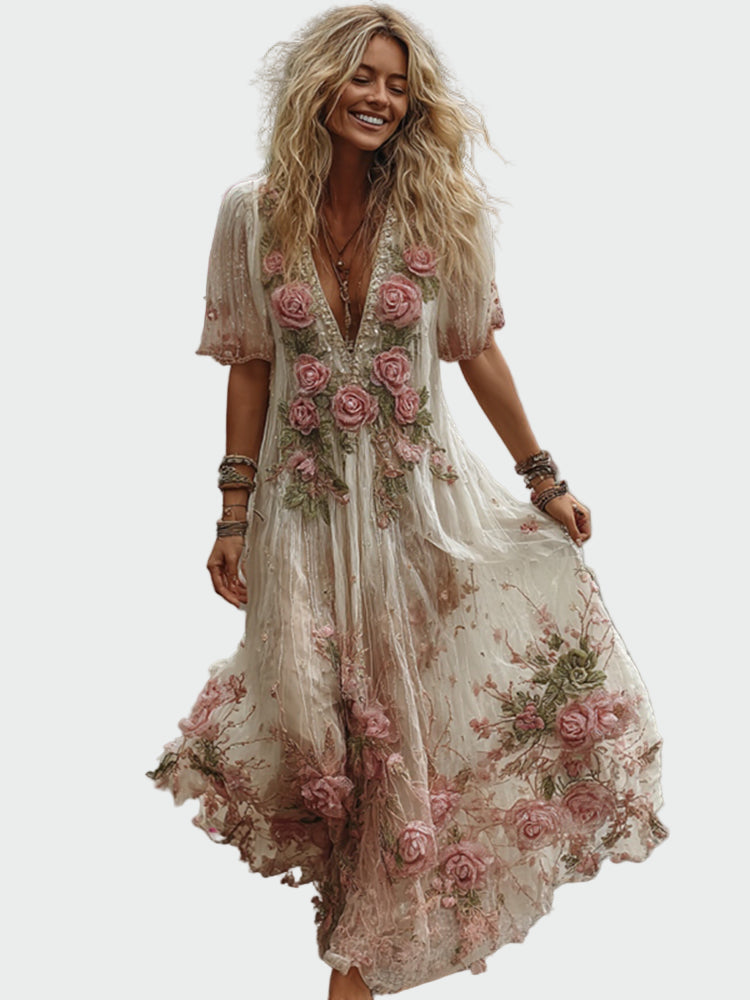 Vestido maxi de linho com bordado floral