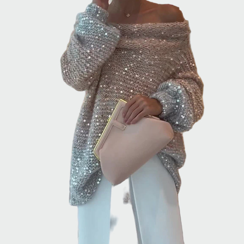 Pullover de Malha com Lantejoulas e Ombro Único