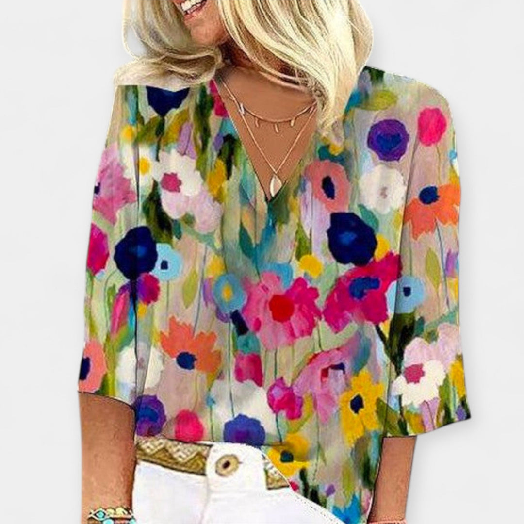 Blusa Floral com Decote em V