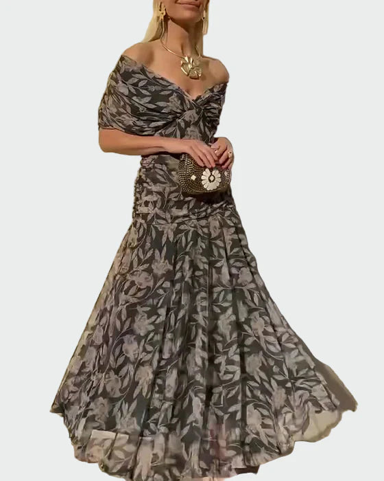 Vestido elegante com decote em V e ombros à mostra
