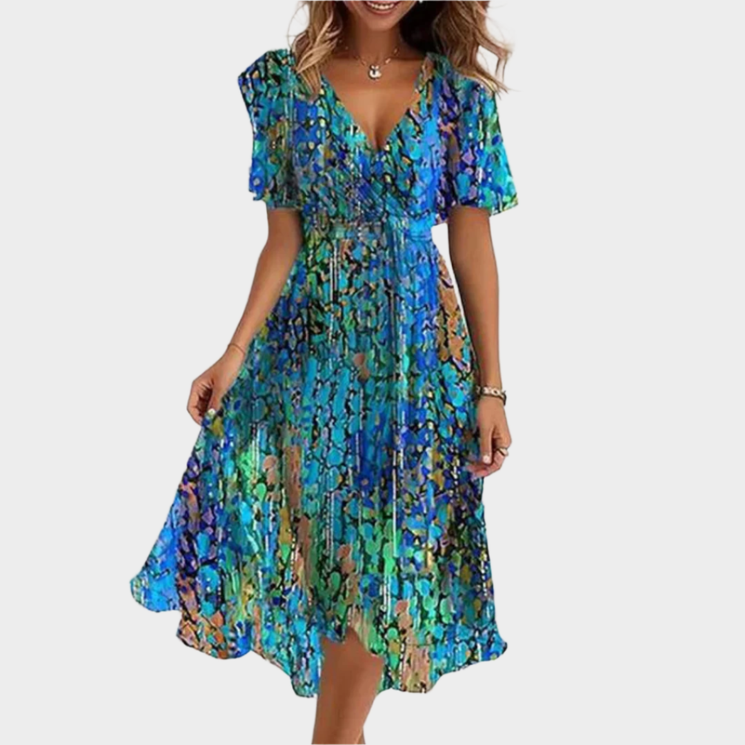 Vestido Retro Estampado com Decote Cruzado