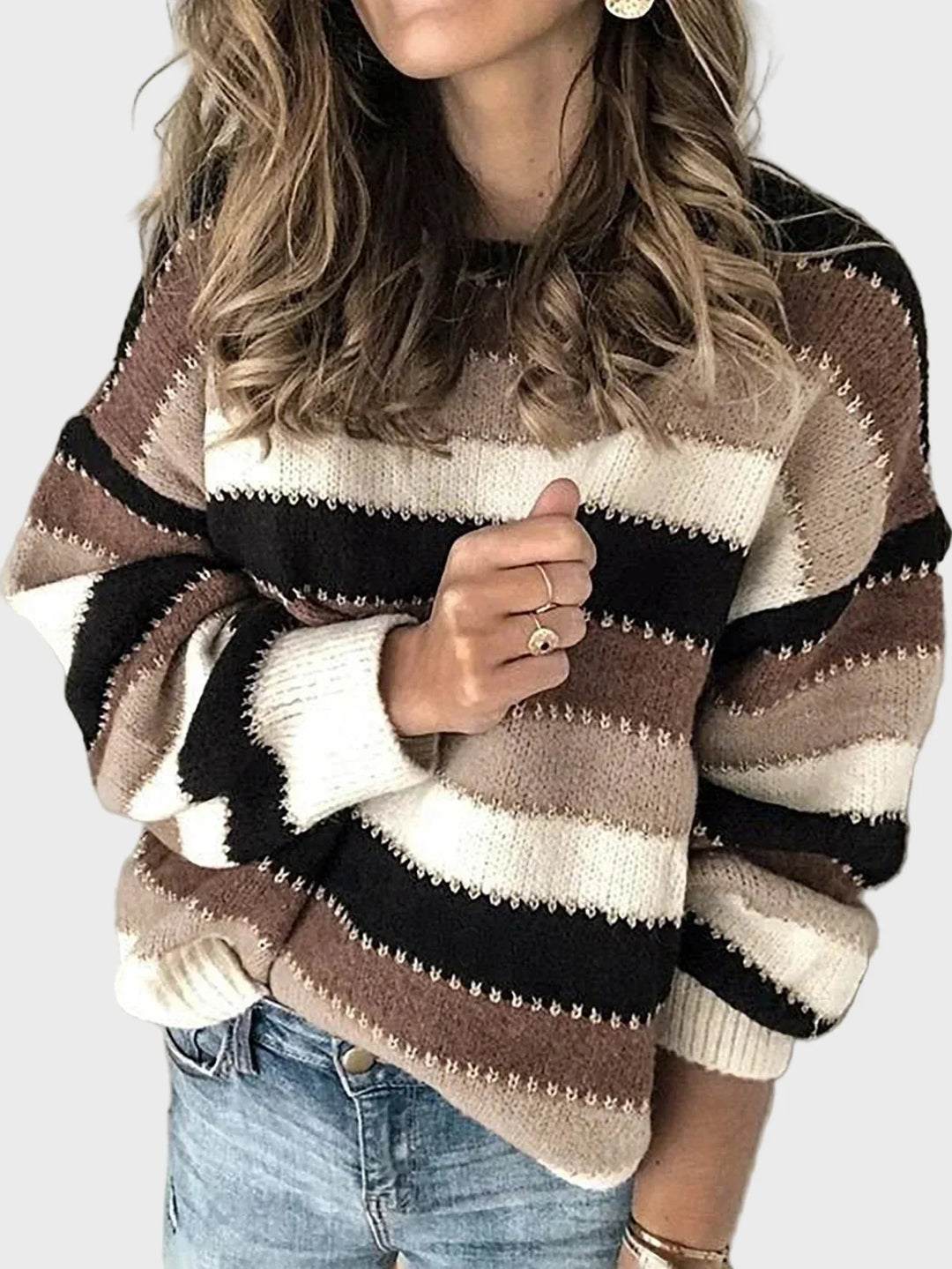 Pullover de Gola Alta com Padrão às Riscas