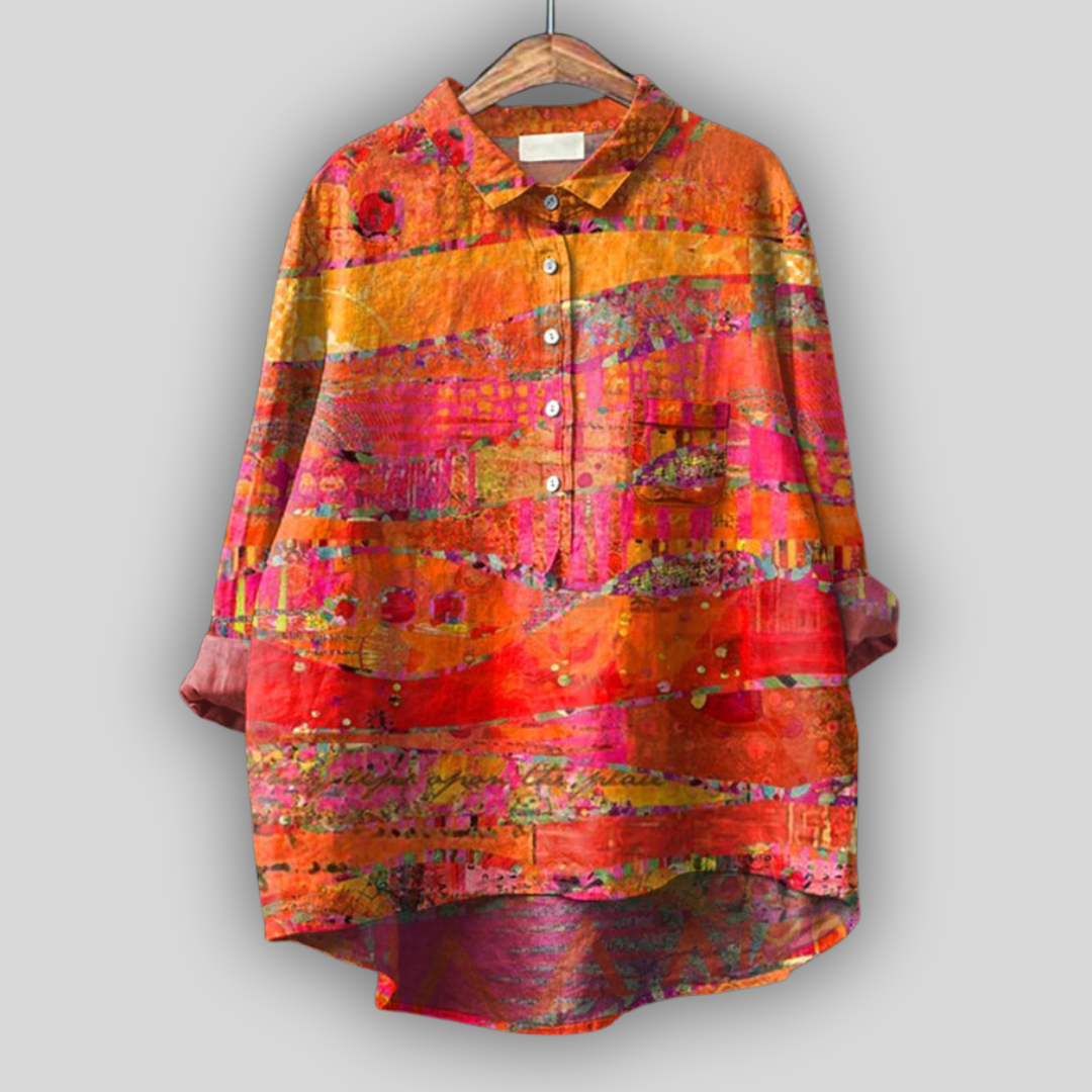 Blusa de Linho Colorida com Padrão Artístico