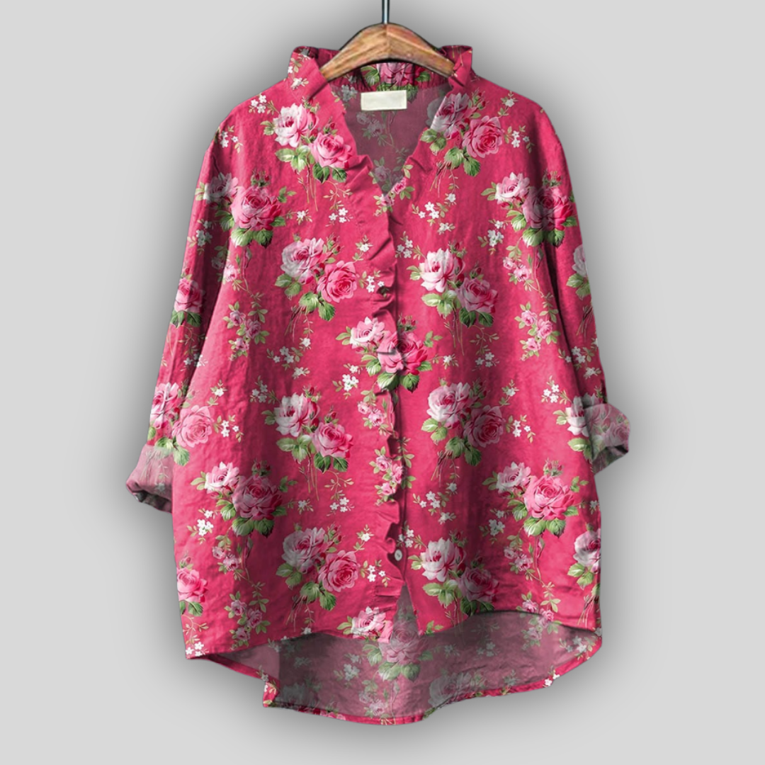 Blusa de Linho Rosa com Padrão Floral