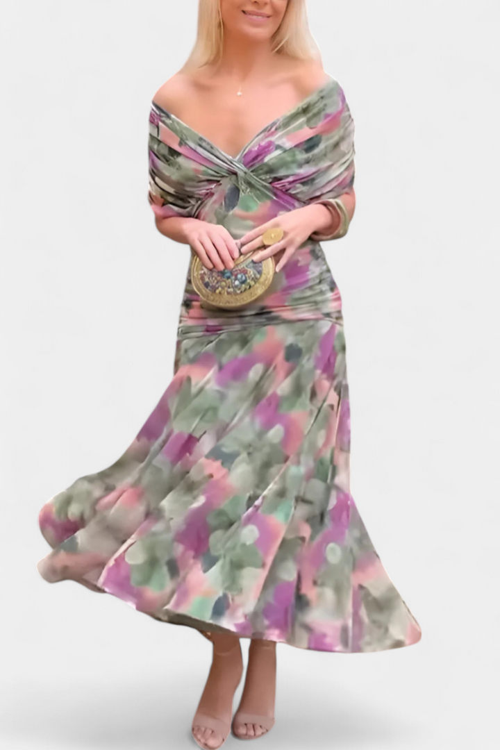 Vestido Floral Longo com Decote em V e Toque Romântico