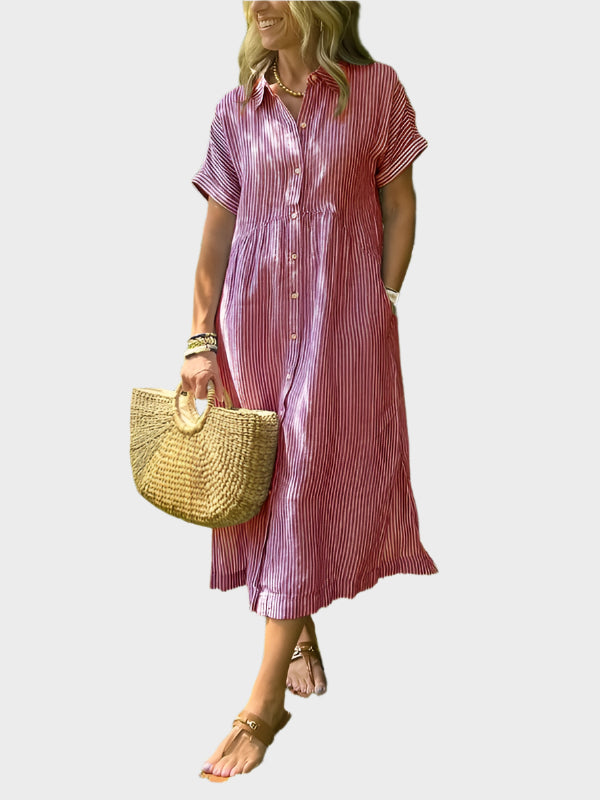 Vestido Camisa às Riscas com Pala, Botões e Bolsos Funcionais