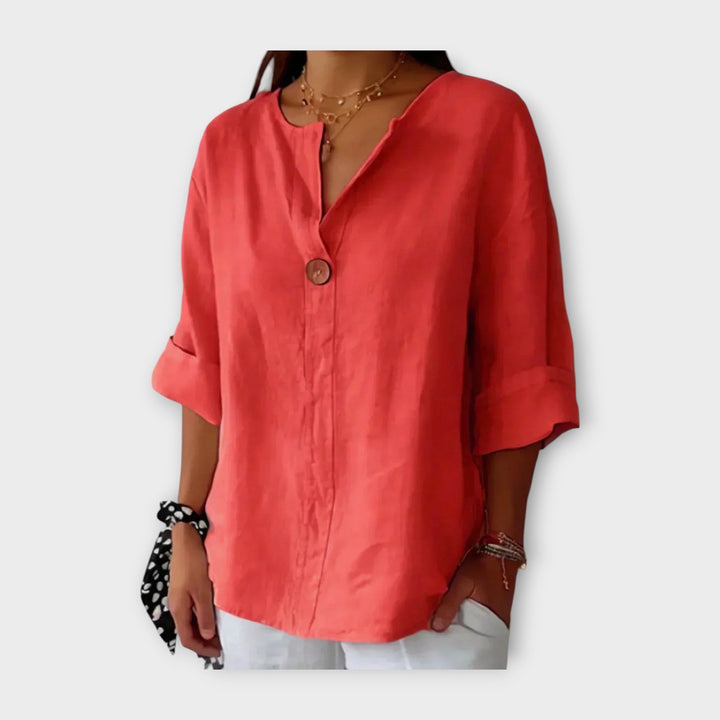 Blusa de Linho com Botão e Decote em V