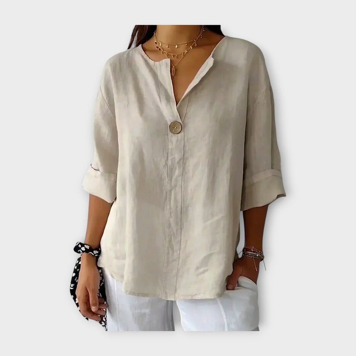 Blusa de Linho com Botão e Decote em V