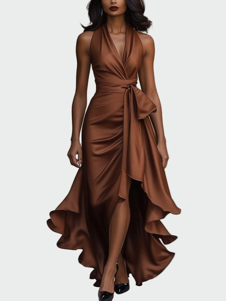 Vestido de Cetim com Laço no Pescoço e Rendas