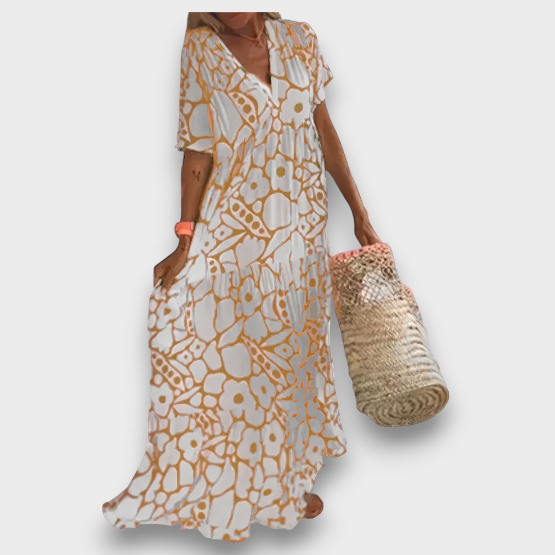 Vestido Longo com Padrão de Flores e Botões