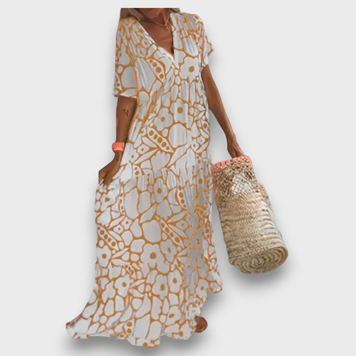 Vestido Longo com Padrão de Flores e Botões