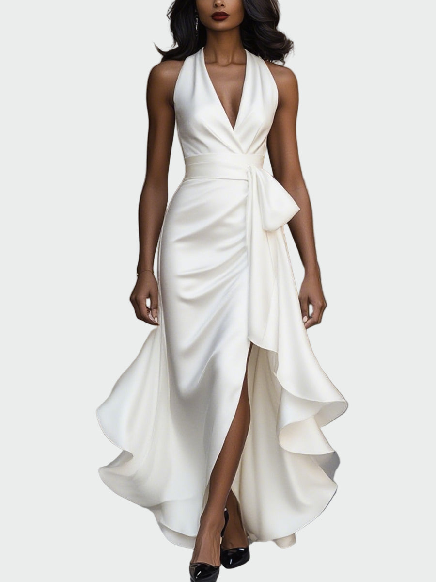 Vestido de Cetim com Laço no Pescoço e Rendas