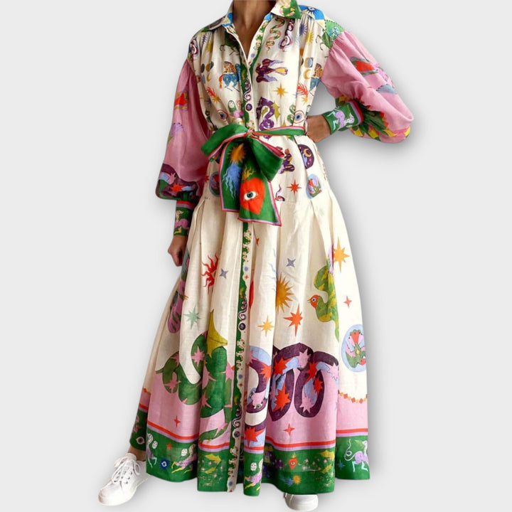 Maxi Vestido com Cinto & Mangas Bufantes