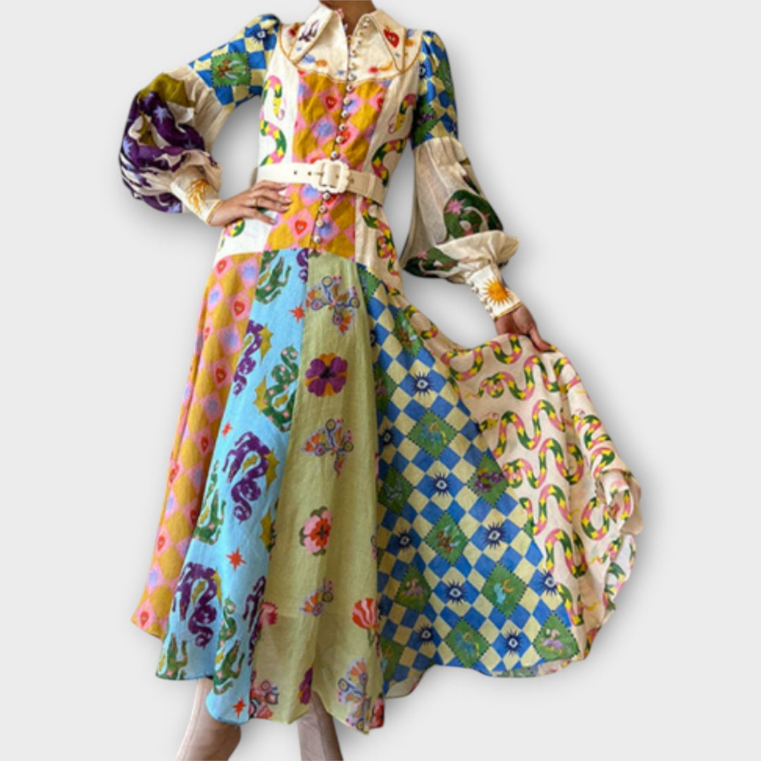 Maxi Vestido com Cinto & Mangas Bufantes