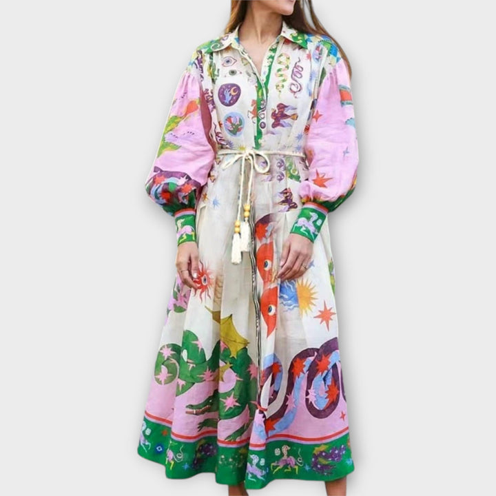 Maxi Vestido com Cinto & Mangas Bufantes