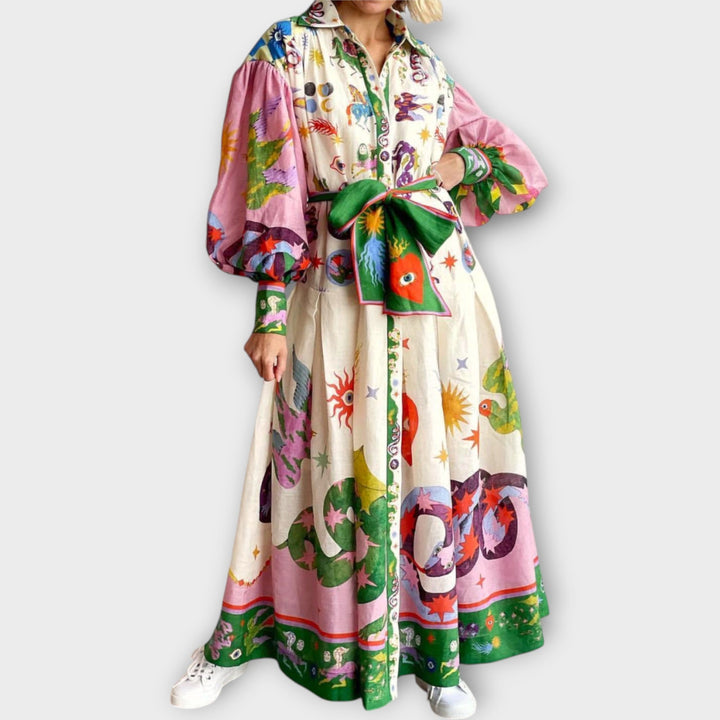 Maxi Vestido com Cinto & Mangas Bufantes