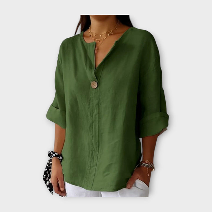 Blusa de Linho com Botão e Decote em V