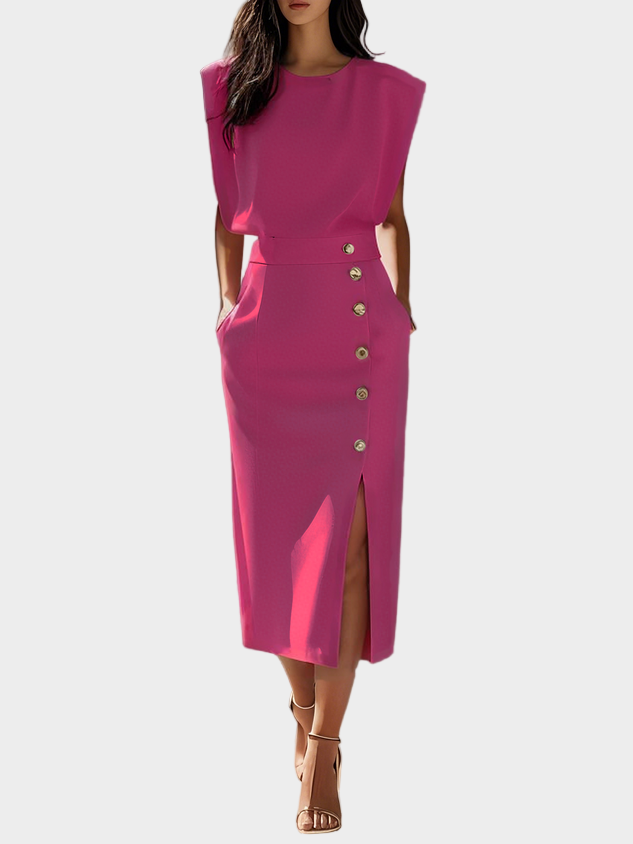 Vestido midi liso com fenda, botões e decote redondo