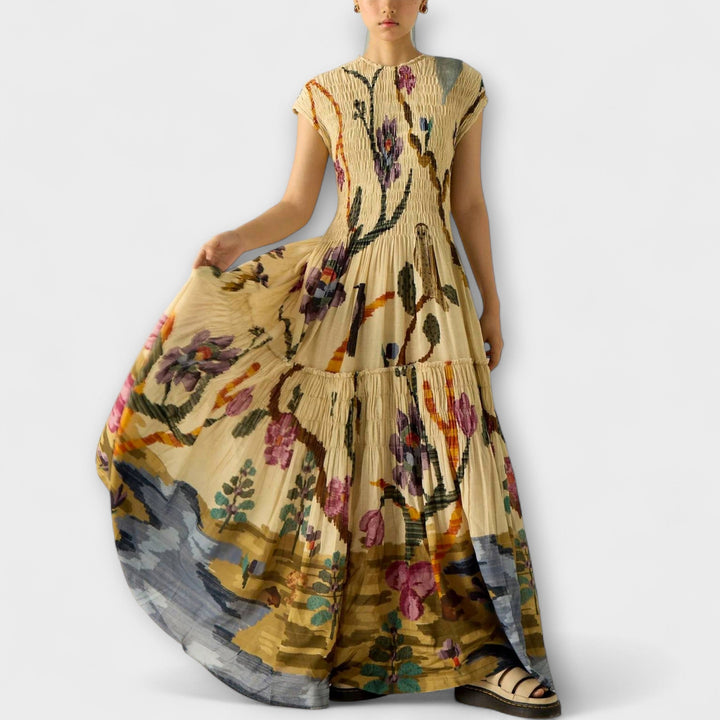 Vestido Maxi com Impressão Plissada