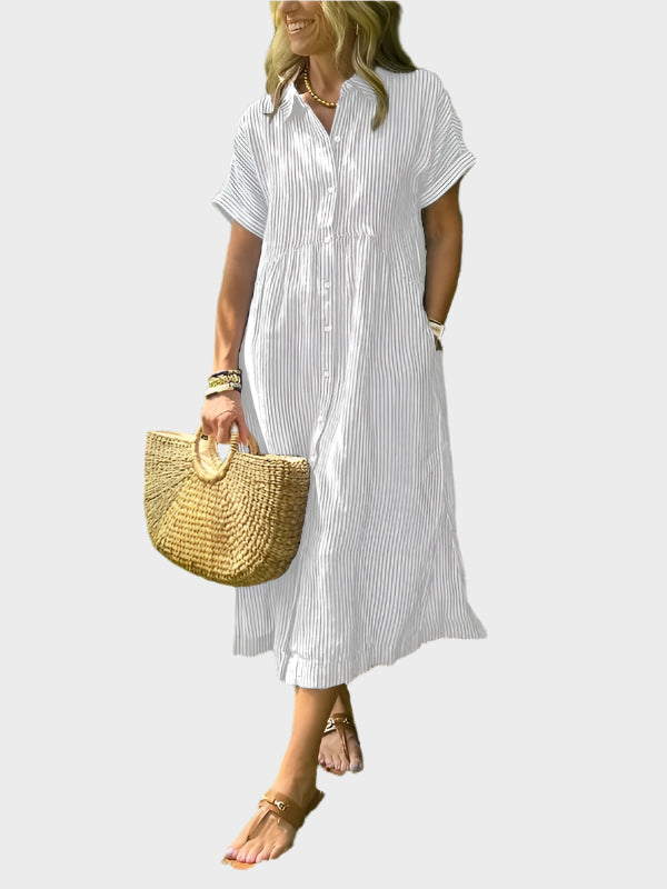 Vestido Camisa às Riscas com Pala, Botões e Bolsos Funcionais
