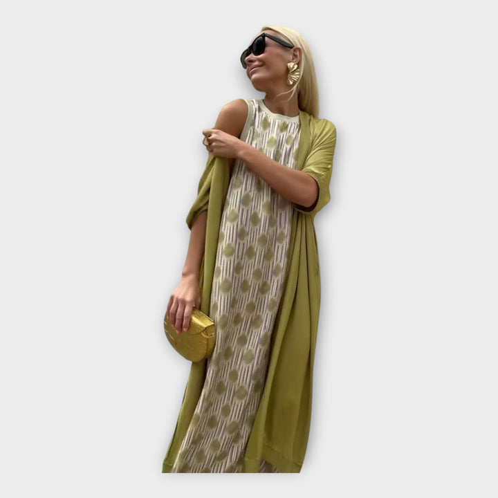 Vestido Maxi com Padrões Geométricos e Elegante Fluidez