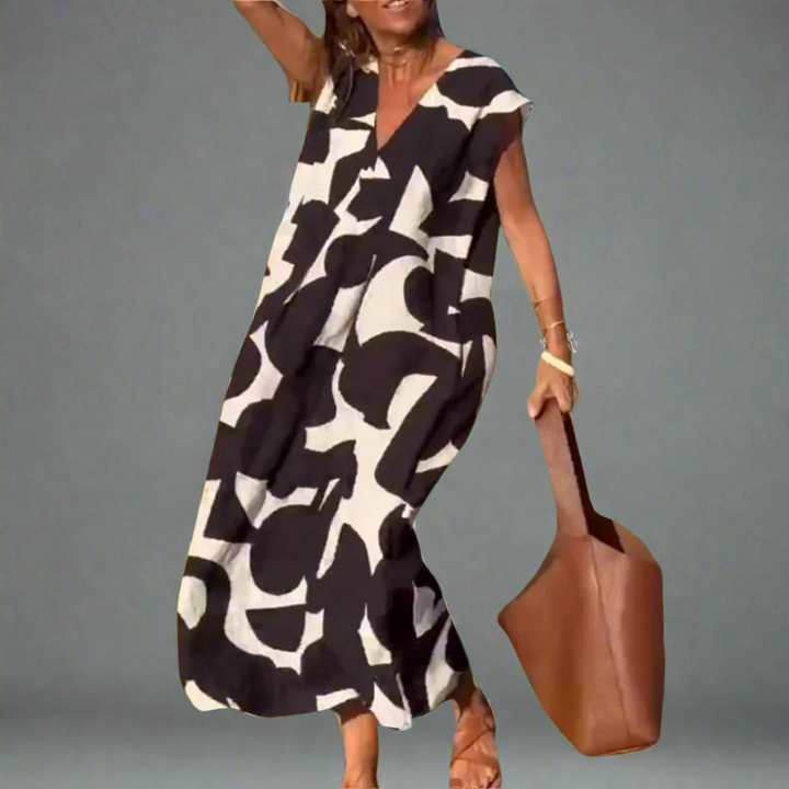 Vestido V com estampado de tecido