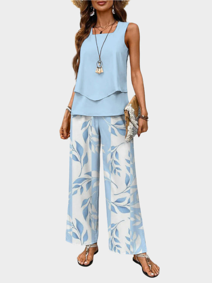 Conjunto de Verão com Blusa Sem Mangas e Calças Largas com Padrões