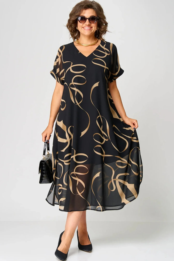 Vestido Arejado com Padrões Lineares e Decote em V
