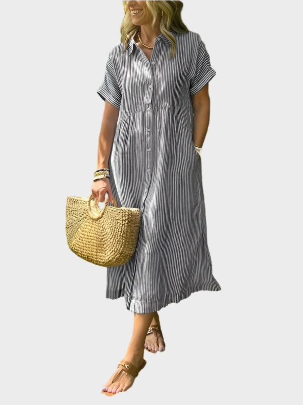 Vestido Camisa às Riscas com Pala, Botões e Bolsos Funcionais