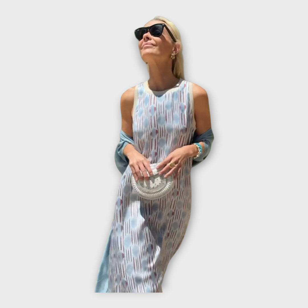 Vestido Maxi com Padrões Lineares e Fluxo Arejado