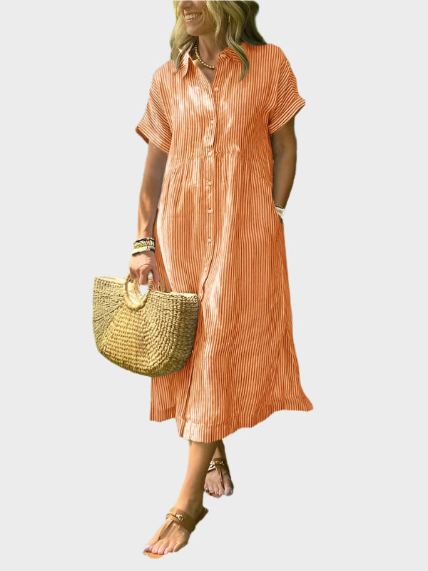 Vestido Camisa às Riscas com Pala, Botões e Bolsos Funcionais