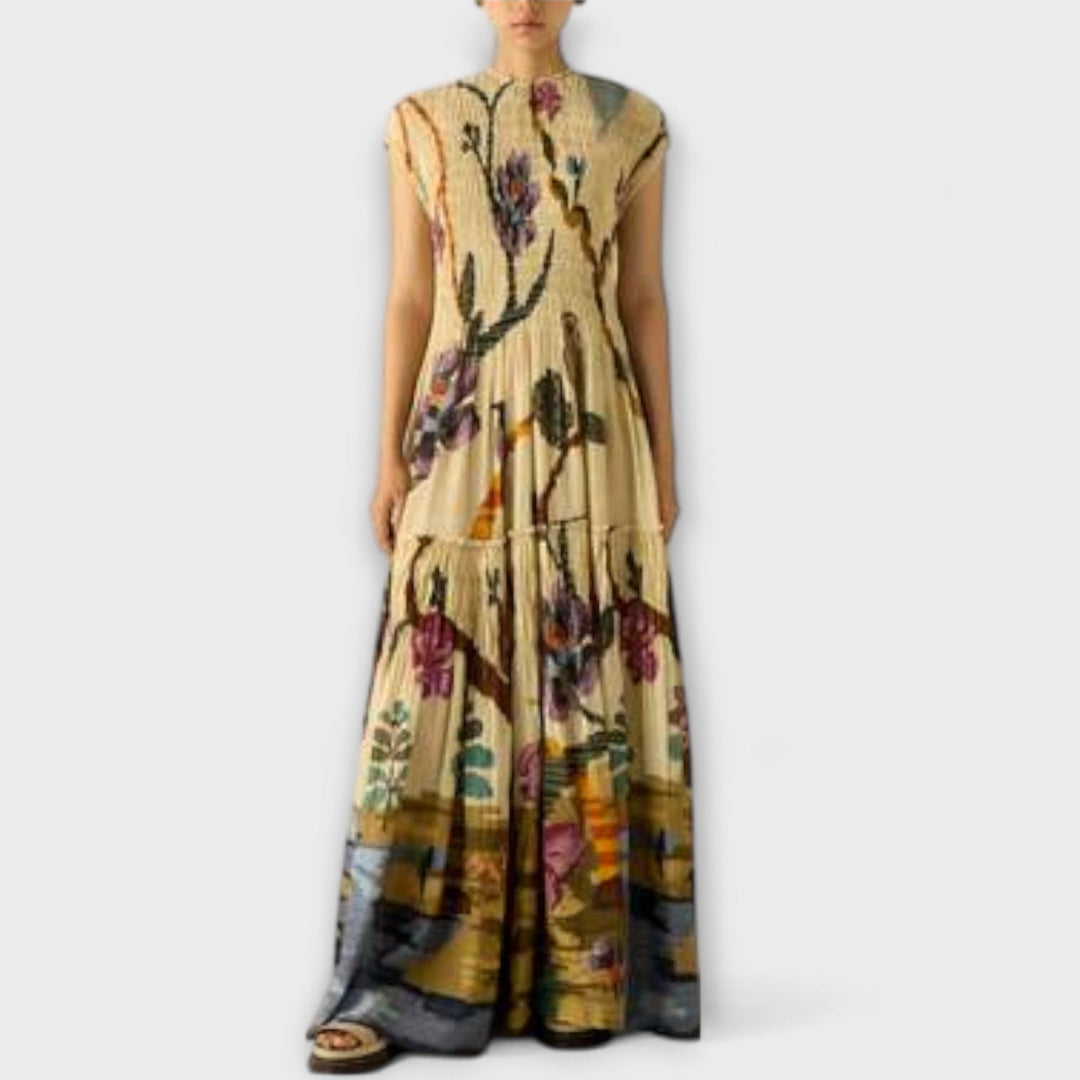 Vestido Maxi com Impressão Plissada