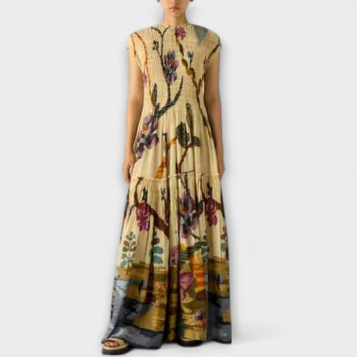 Vestido Maxi com Impressão Plissada