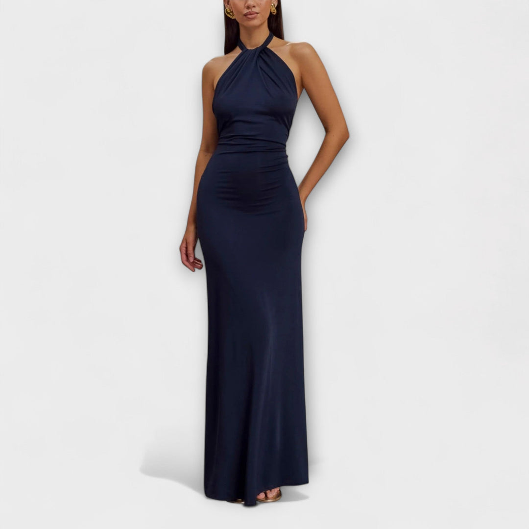 Vestido Longo com Laço no Pescoço e Textura Satinada