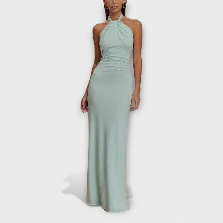Vestido Longo com Laço no Pescoço e Textura Satinada