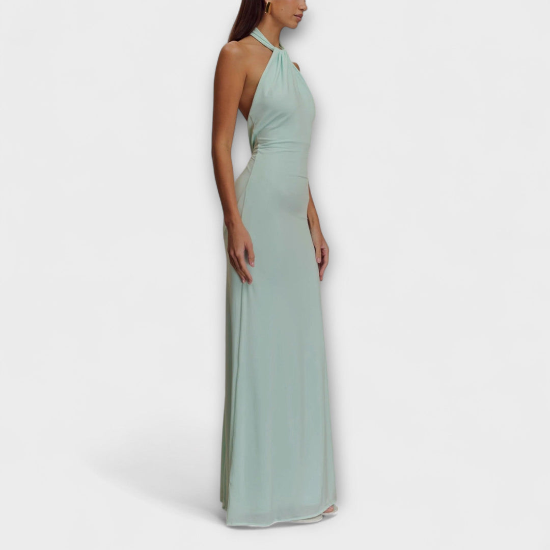 Vestido Longo com Laço no Pescoço e Textura Satinada