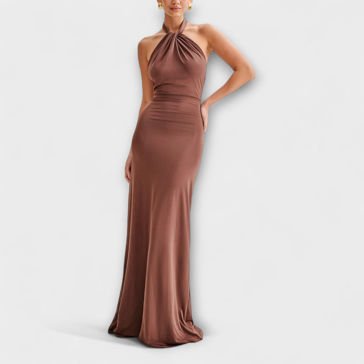 Vestido Longo com Laço no Pescoço e Textura Satinada