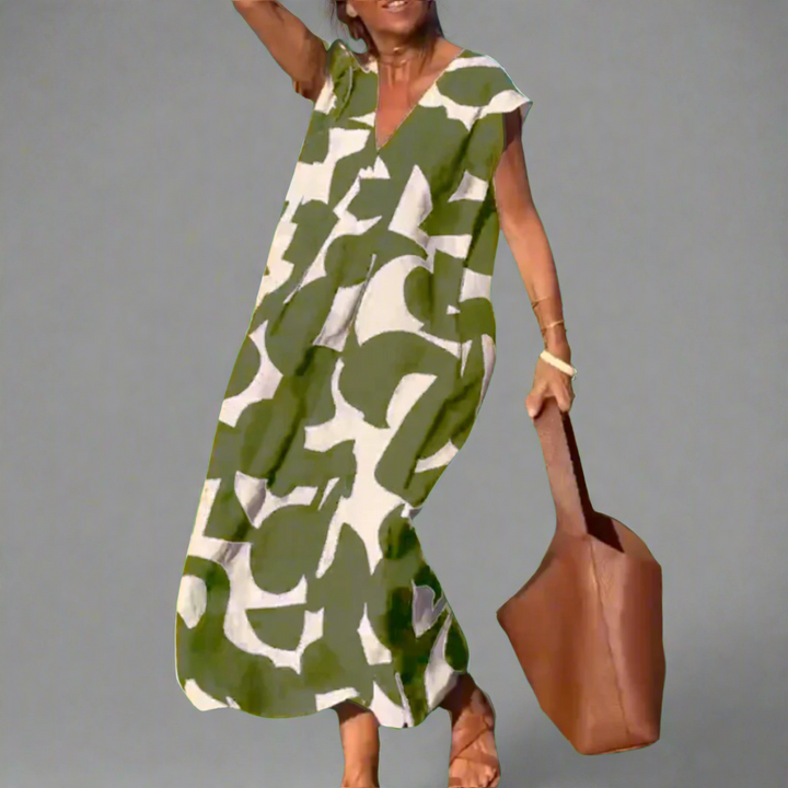 Vestido V com impressão de tecido
