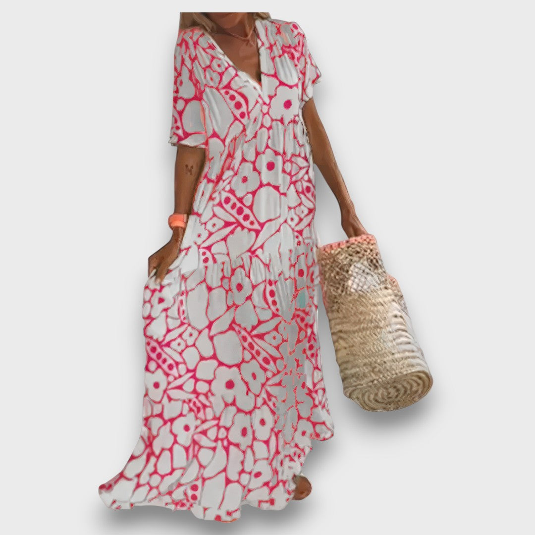 Vestido Longo com Padrão de Flores e Botões