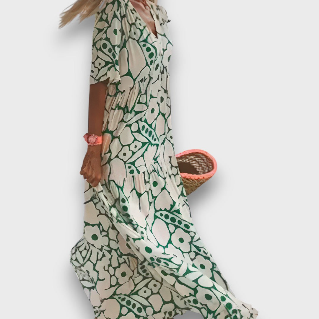 Vestido Longo com Padrão de Flores e Botões
