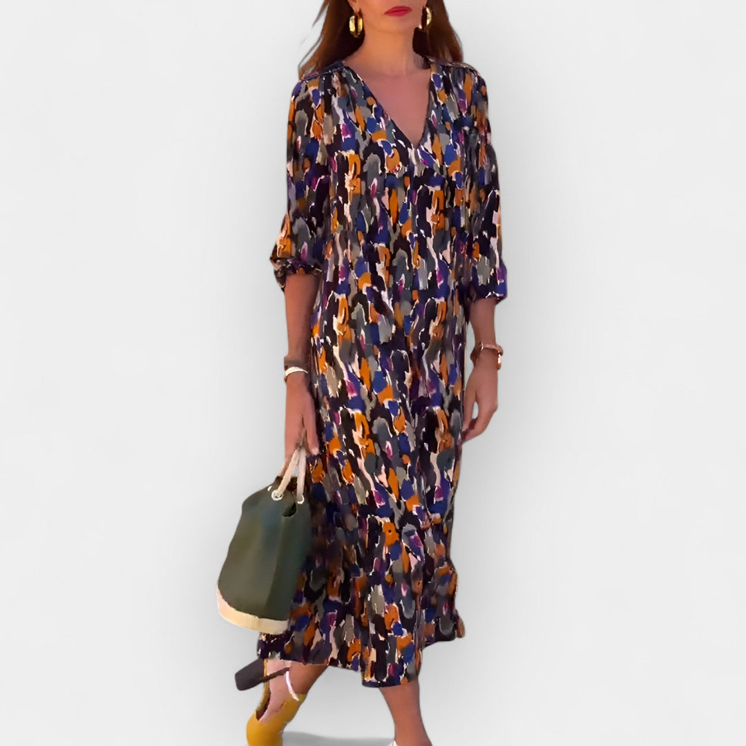 Vestido com Decote em V e Design Retro