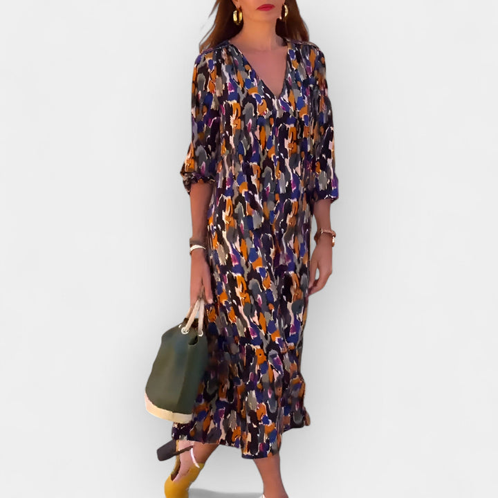 Vestido com Decote em V e Design Retro