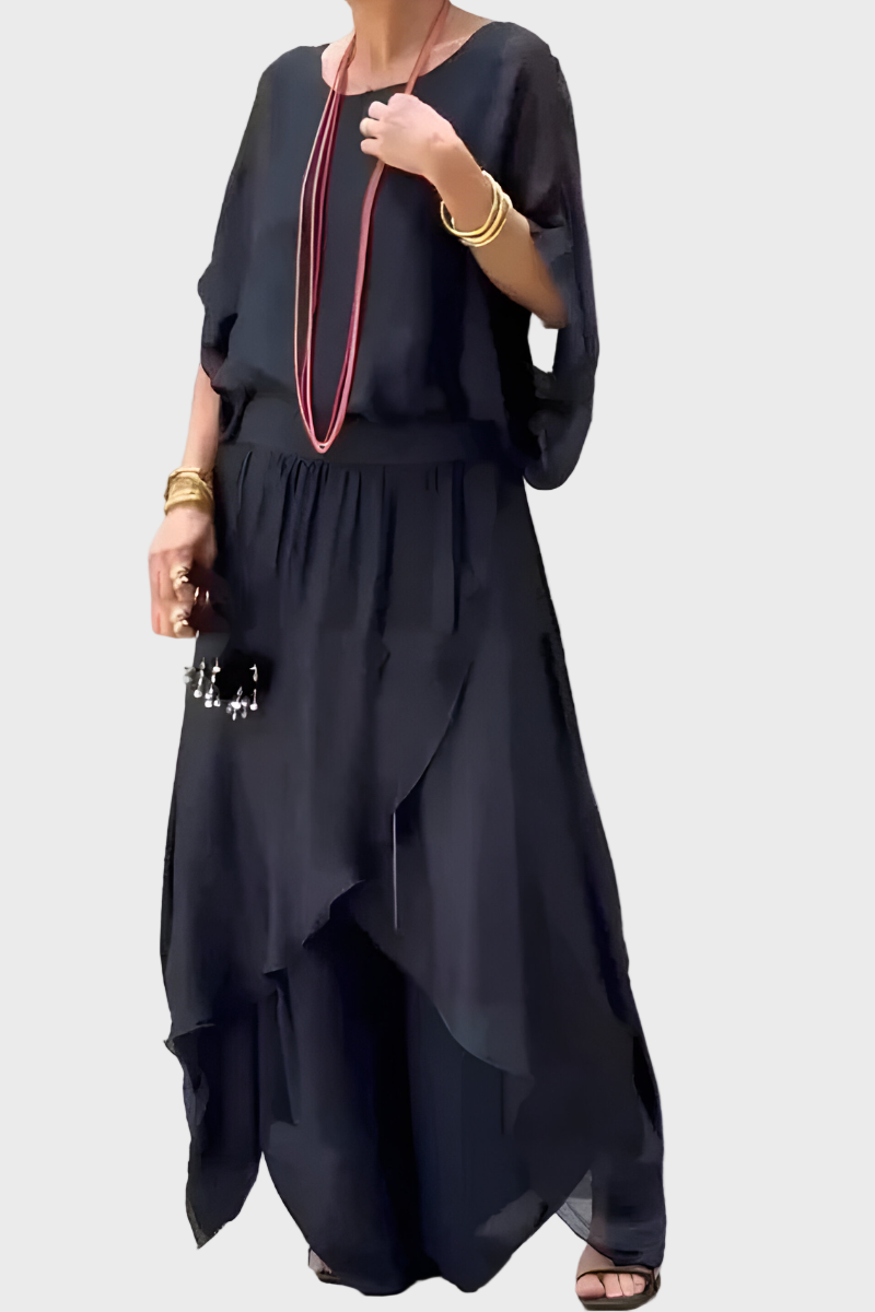 Top Largo e Calças com Racha – Conjunto de Dois Peças em Chiffon
