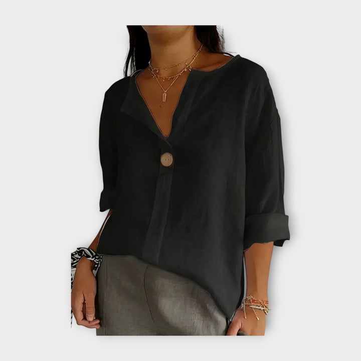 Blusa de Linho com Botão e Decote em V