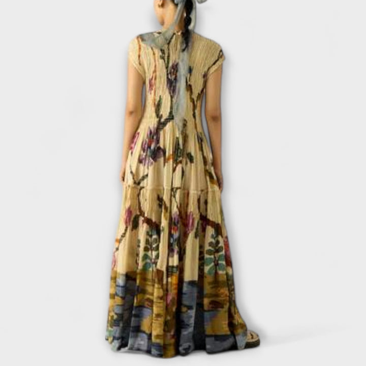 Vestido Maxi com Impressão Plissada