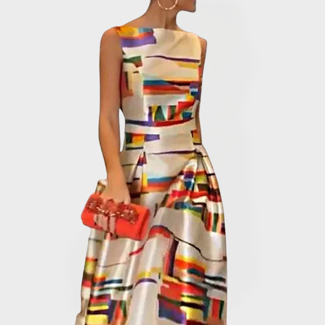 Vestido Longo com Padrões Geométricos e Linha Moderna