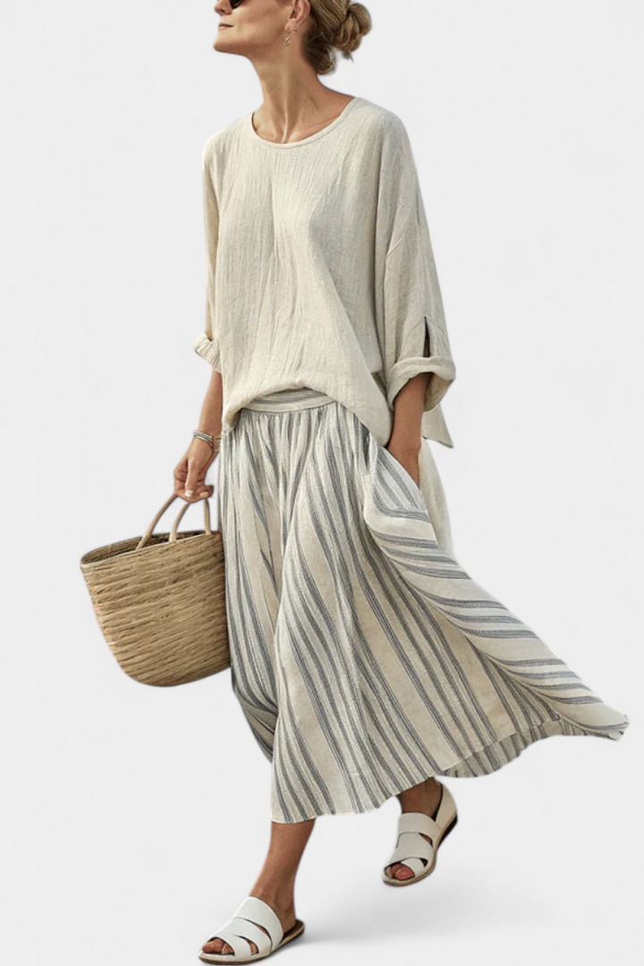 Conjunto Casual Daisy com Blusa Oversize e Saia Midi com Riscas de Linho de Bambu para um Estilo Elegante e Confortável