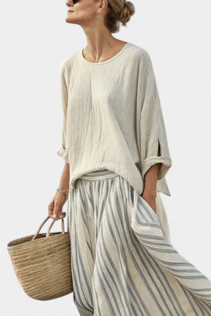 Conjunto Casual Daisy com Blusa Oversize e Saia Midi com Riscas de Linho de Bambu para um Estilo Elegante e Confortável