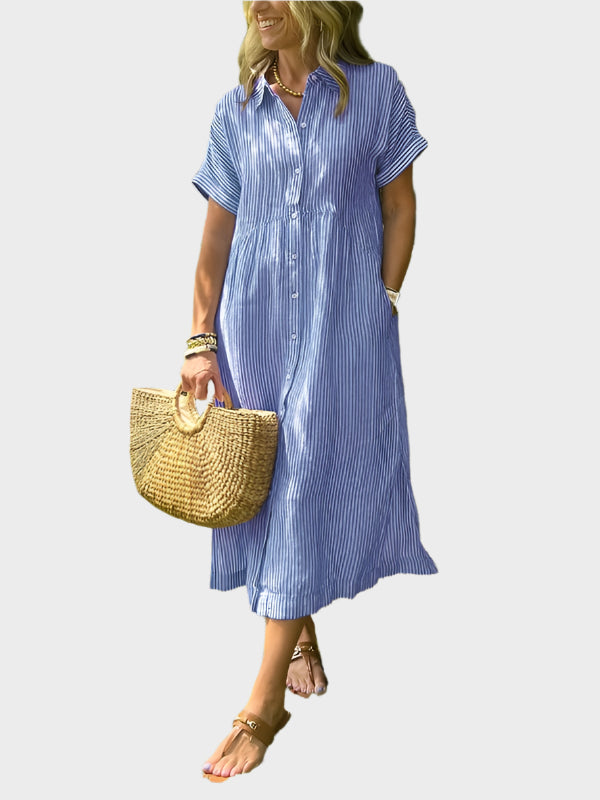 Vestido Camisa às Riscas com Pala, Botões e Bolsos Funcionais